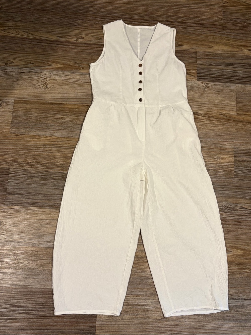 Amazon Cream Sleeveless V-Neck Button Front Jumpsuit